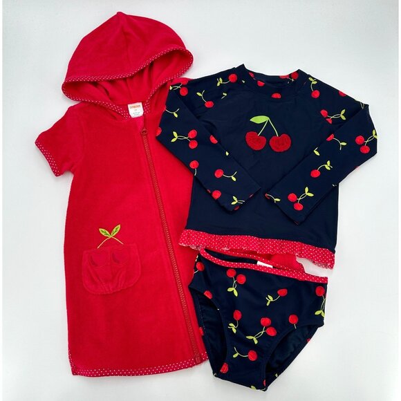 Gymboree Cherry Rashguard Swimsuit Set w/Matching Toweling Swim Cover sz 2T NWT - Picture 2 of 9